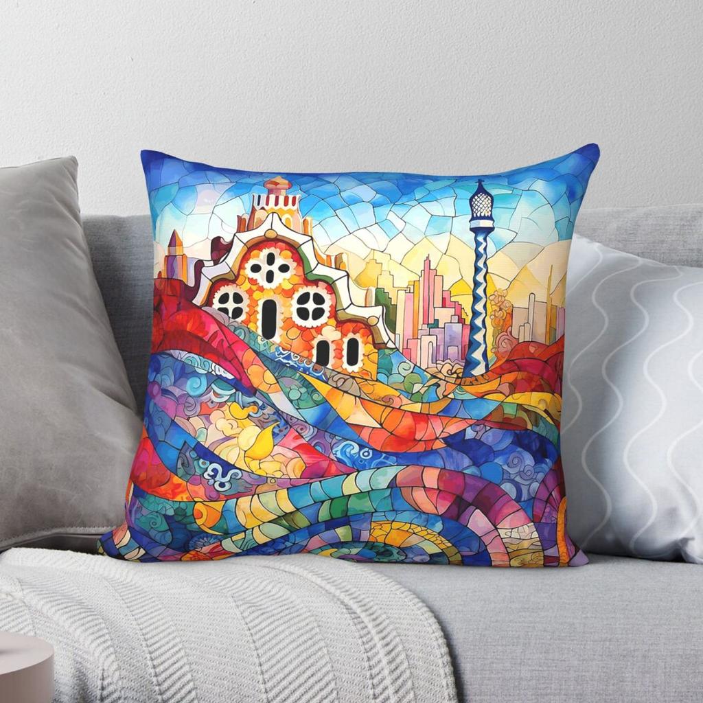 Barcelona Gaudi Park Guell Mosaic Square Pillowcase Polyester Linen Velvet Printed Decorative Throw Pillow Bed Cushion Cover