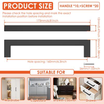 10Pcs Stainless Steel Cabinet Handle Black Modern Square Bar Drawer Handle With 160mm Hole Spacing for Kitchen Bedroom Bathroom