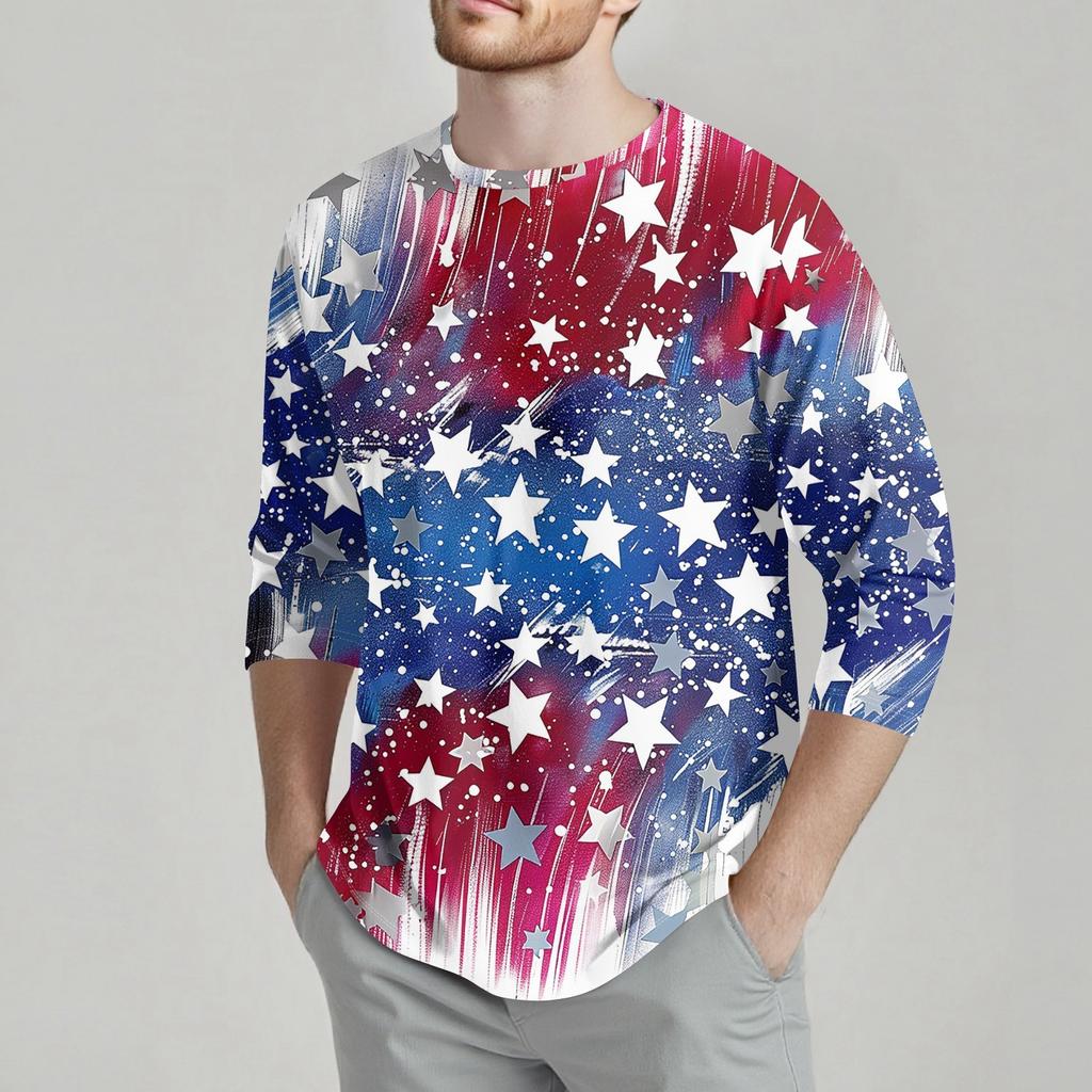 Men's Fashion Casual Independence Day Print Neck Seven-point Sleeve Top T-shirt