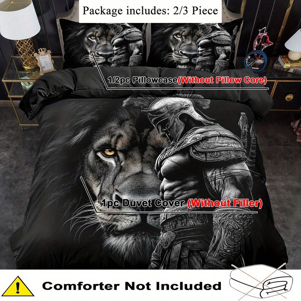 2/3Pcs Quilt Cover Set Knight And Lion Print Duvet Cover Set King And Queen Style Bedding Set Polyester Machine Washable
