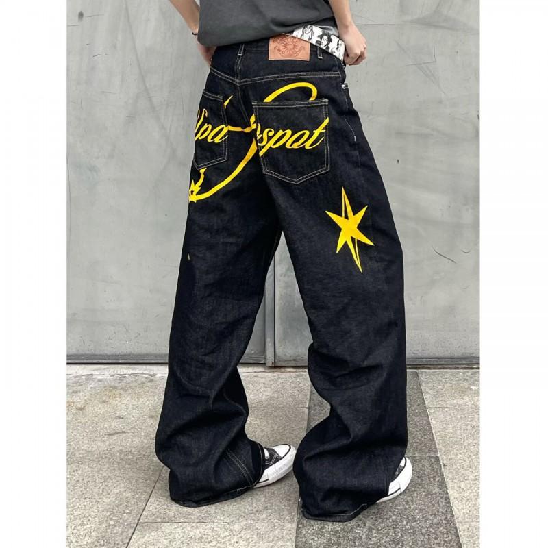 Herren Schwarze Retro Locker Geschnittene Gerade Bein Jeans Hoher Bund Breite Lässige Jeans