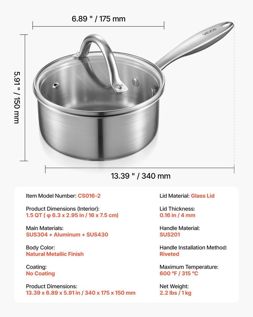 1.5 QT Saucepan, Stainless Steel Saucepan with Glass Lid, Multipurpose Nonstick Stainless Steel Small Cooking Sauce Pot with Ergonomic Handle,
