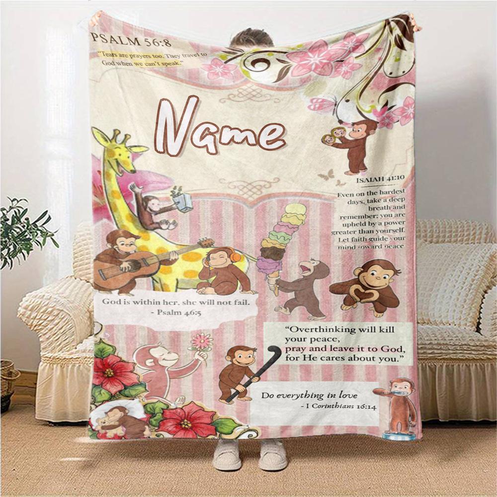 Custom Name Curious George Adventure Party Blanket For Couch Bed Plush Cozy Fuzzy Blanket Super Soft Warm Blankets For Fall And Winter 0916214