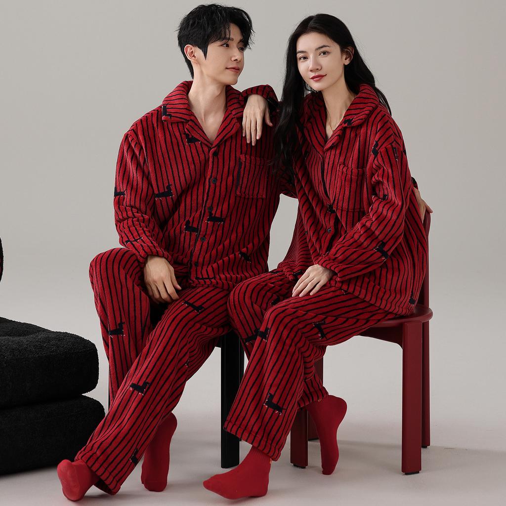 Fleece Thickened Flannel Red Pajamas Wedding Couple Suit Autumn And Winter Coral Fleece Men'S And Women'S Loungewear