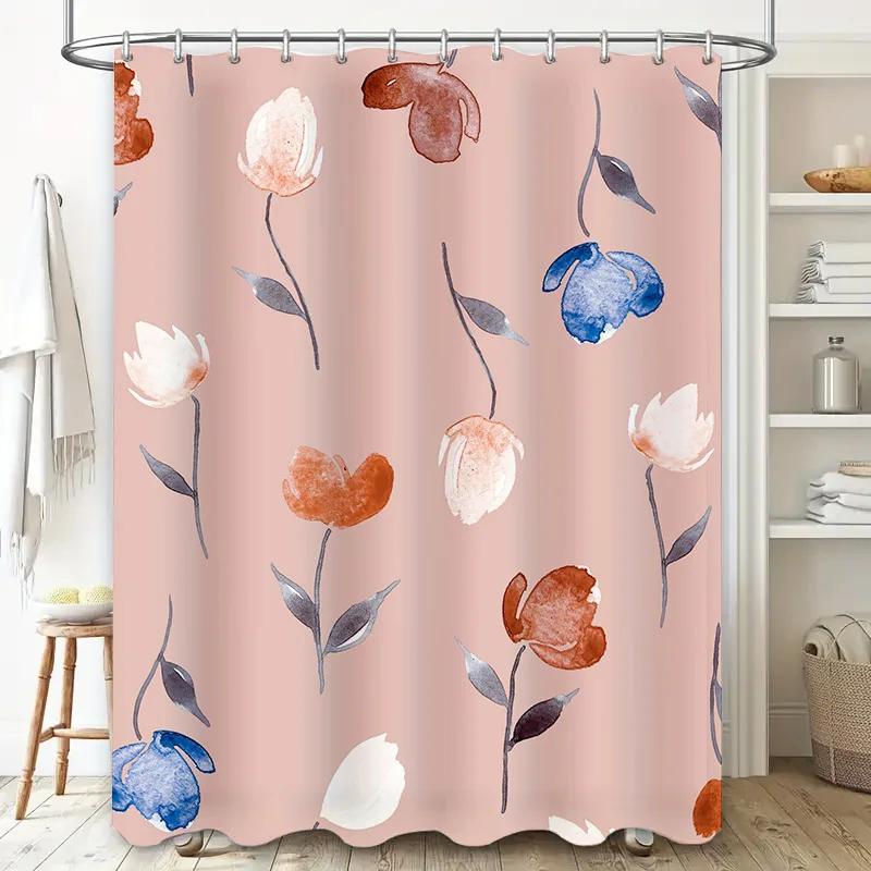 Delightful Pink Watercolor Floral Shower Curtain Modern Bathroom Decor For Home Decoration