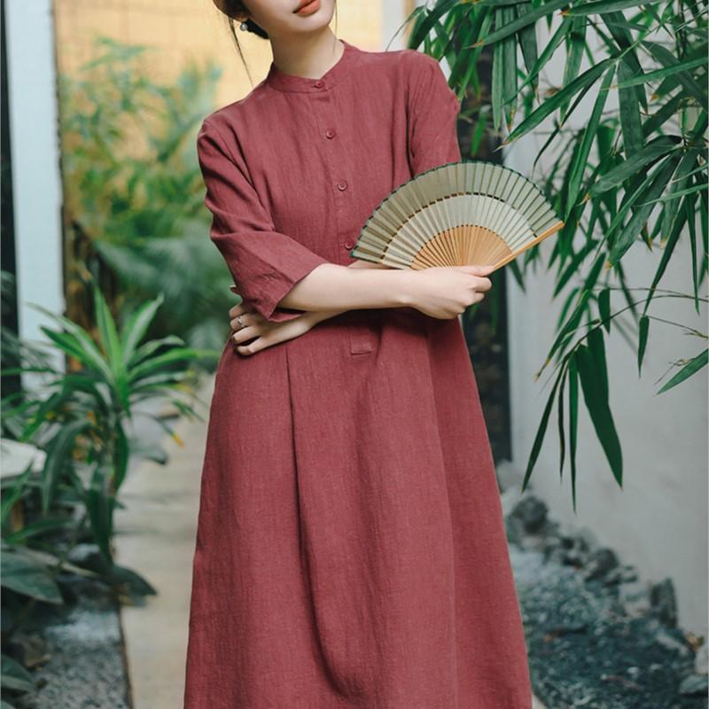 Johnature Women Vintage Spring Seven Sleeve Stand Button A-Line Pockets Women Dresses