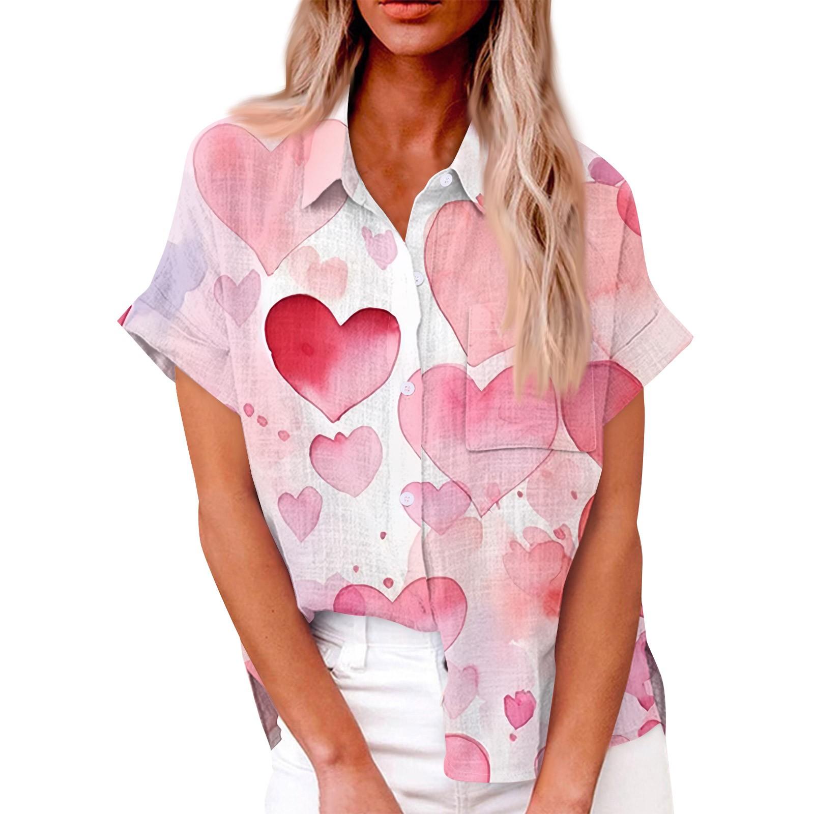 

Женская свободная повседневная рубашка с короткими рукавами и отворотом с цифровым принтом и карманом L