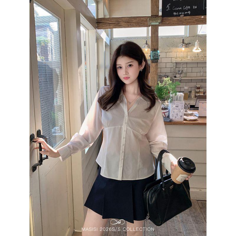 

Maxi Plus-Size Women s V-Neck Tie-Waist Shirt, Spring Season Loose-Fitting Slimming Long-Sleeve Top for Slightly Plump Women White (First Batch) XL