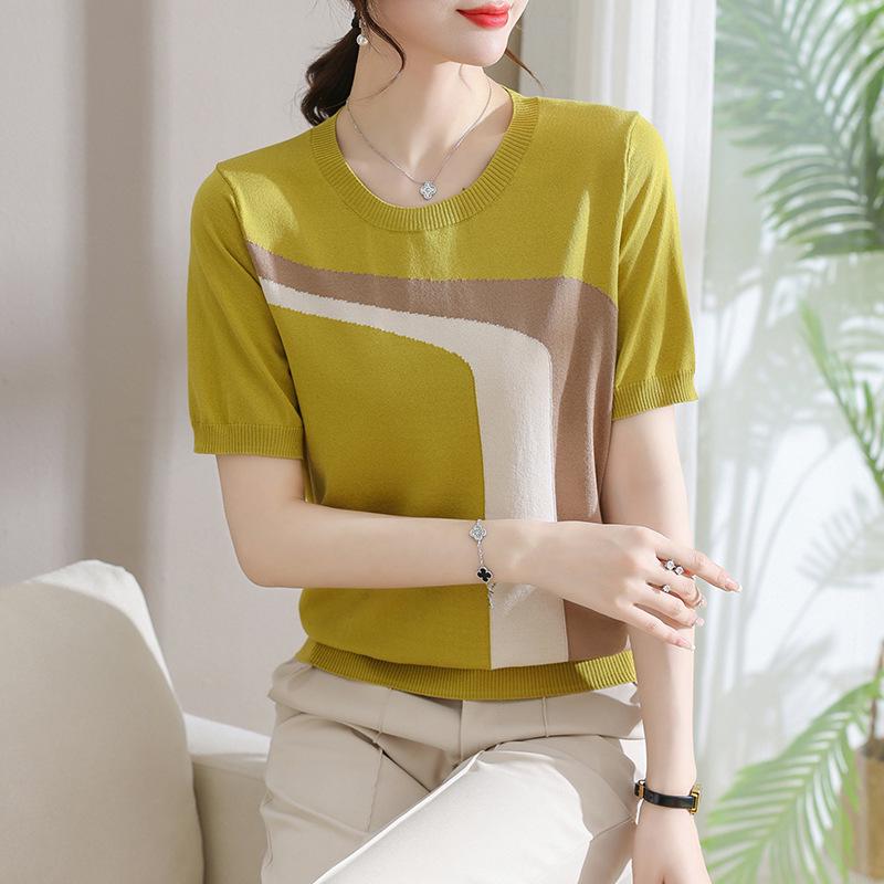 Young Mother's Stylish Ice Silk Knit Short Sleeve T-Shirt