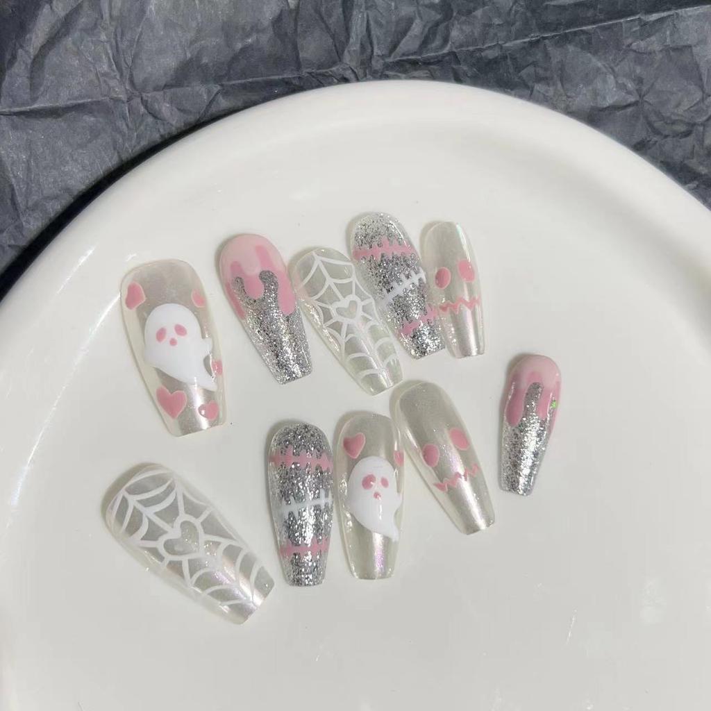 Wearing Armor Handmade Manicure Finished Product Fake Nail Patches Cute Cartoon Hand-painted Halloween Magic Ghost