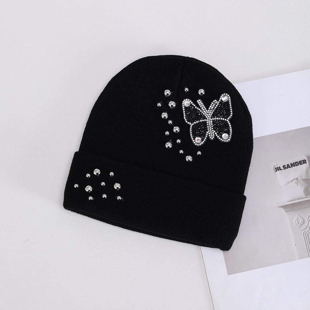 New knitted hat European and American fashion butterfly rhinestone thermal cover wool hat