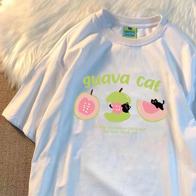 

Korean Kawaii Guava Cat Graphic Print T-shirt Unisex Women Men Clothing Summer Cute New Arrival Oversize Cotton Tops S