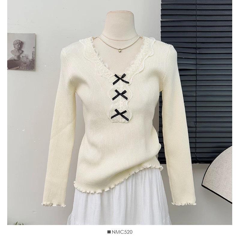 Korean Lace Trim Knit Top Spring New Slim Fit Base Layer Long Sleeve Soft Touch Shirt