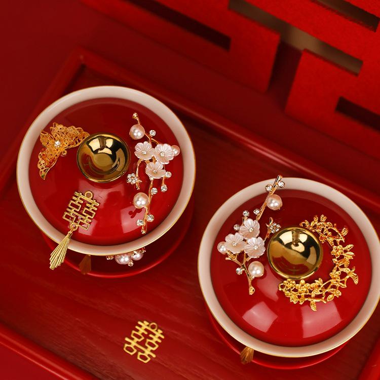 Wedding Tea Set: Red Bowls, Cups, and Chopsticks for Bride's Dowry