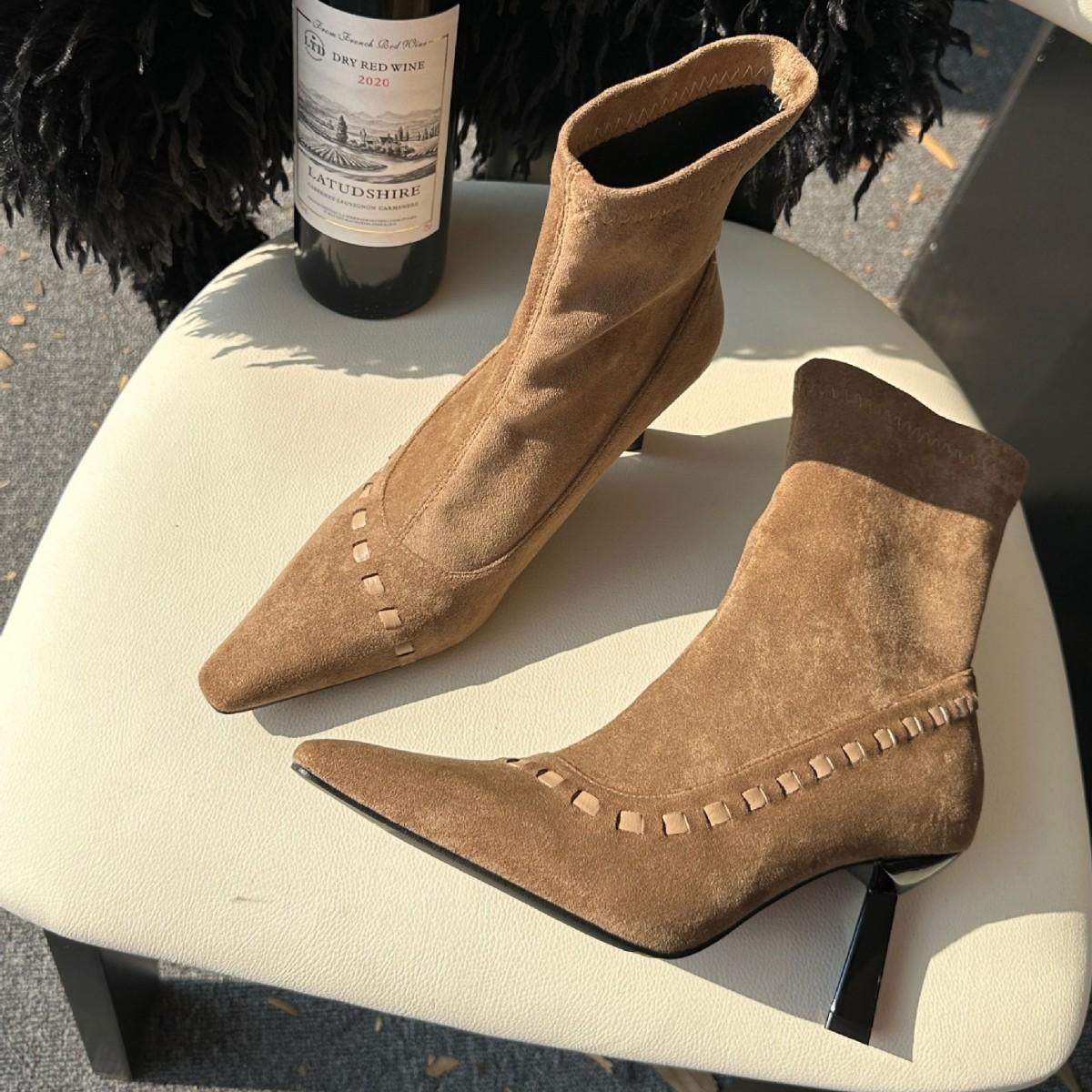 

2025 autumn and winter new pointed thin high heel thin low tube Martin fashion women s short boots suede weaving 39 хаки