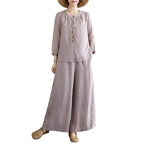 2ks/Sada Dámský Ležérní Outfit Kulatý Výstřih 3/4 Rukávy Výšivka Květinový Vzor Košile Široké Nohavice Dlouhé Kalhoty Sada Denní Nošení