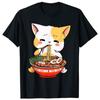 RaUnisex Cat Kawaii Anime Japanese Food Girls Official Teenager TShirt Harajuku Graphic Tee Tops Kitten Eat Noodles Novelty Gift