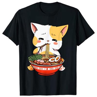 RaUnisex Cat Kawaii Anime Japanese Food Girls Official Teenager TShirt Harajuku Graphic Tee Tops Kitten Eat Noodles Novelty Gift