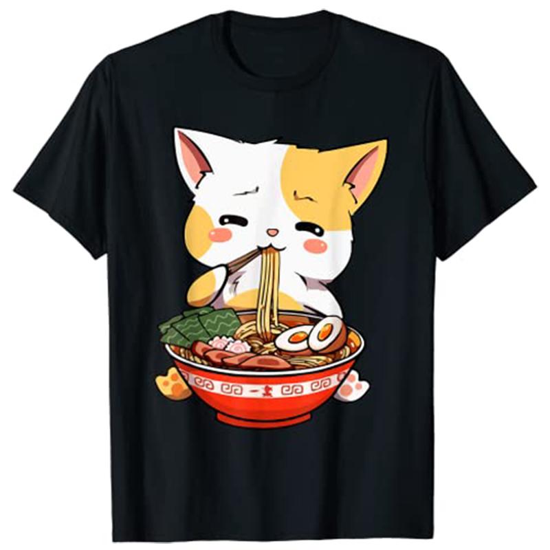 RaUnisex Cat Kawaii Anime Japanese Food Girls Official Teenager TShirt Harajuku Graphic Tee Tops Kitten Eat Noodles Novelty Gift