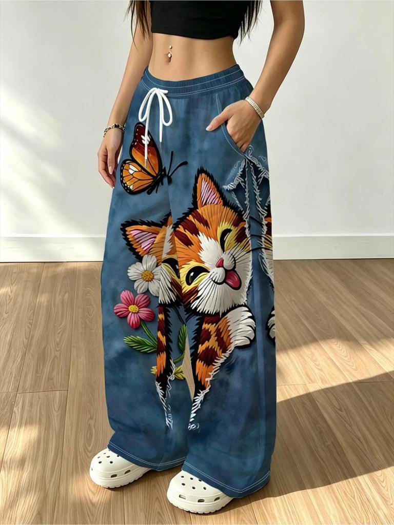 Ladies' wide leg pants, drawstring waist bag style casual versatile wide leg pants, suitable for daily wear