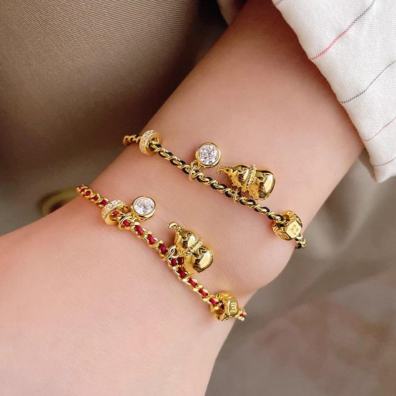 Elegant Chinese Gourd Black Rope Bracelet: Women's Luxury Red Rope Hand Jewelry