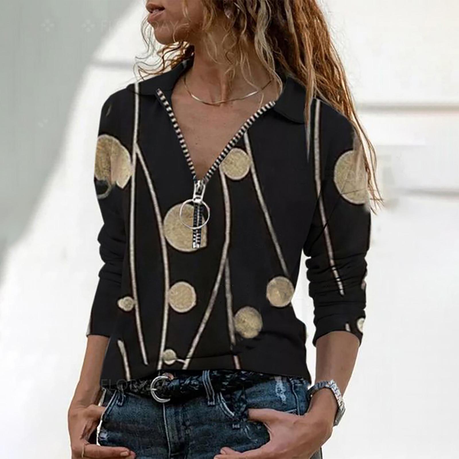 

Women Fashion Lapel Dots Print Zipper Long Sleeve Casual Blouse T-shirt Top L чёрный