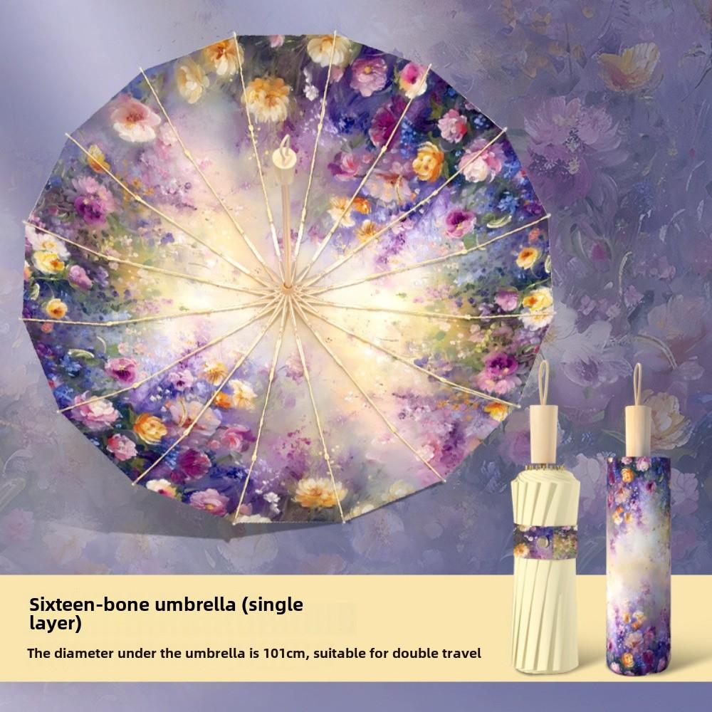 Women Oil Painting Flowers 16 Ribs UV Protection Pongee Fabric Foldable Sun Rain Umbrella Color Coated