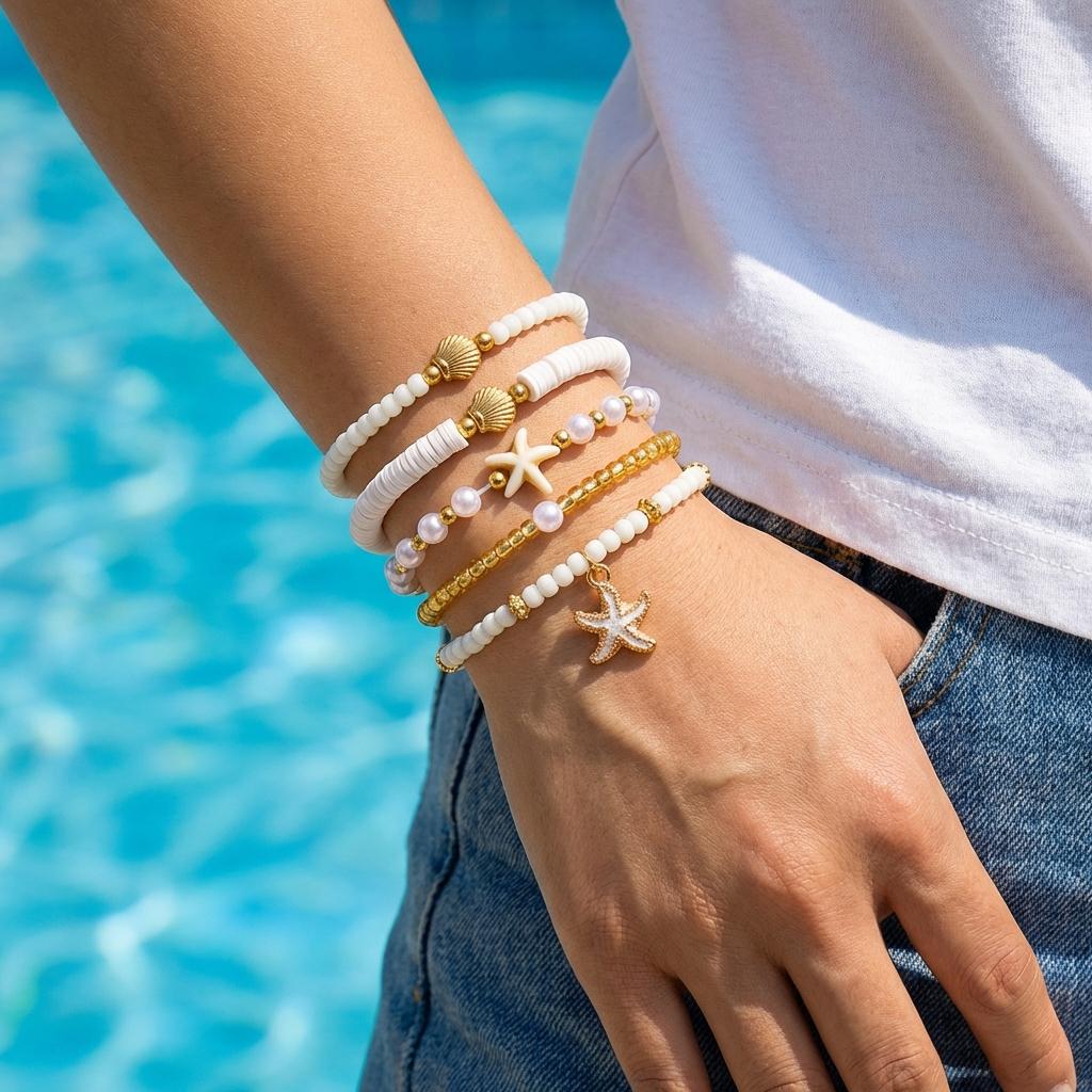 Minimalist Starfish Shell Beaded Bracelets Set for Women Bohemian Multilayer Heart Flower Bracelets Summer Party Jewelry