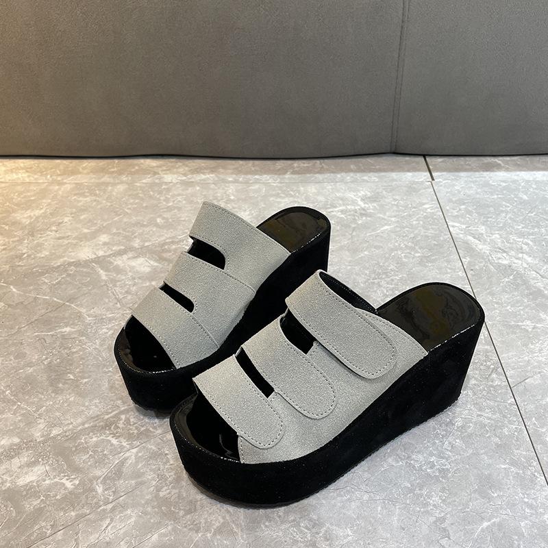 Fashion slippers women's 2021 Korean version spring and summer large size Velcro thick bottom slope heel sandals matte high heel women's slippers