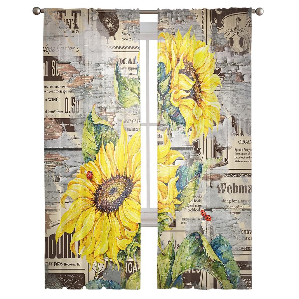 Retro Newspaper Sunflower Wood Grain Sheer Window Curtains For Living Room Kitchen Children Bedroom Voile Hanging Curtain
