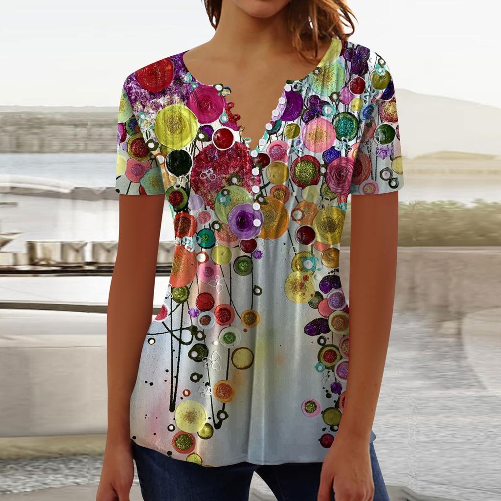 Women's Shirt Blouse Button Retro Print Short Sleeve Casual Basic Round Neck Regular Top