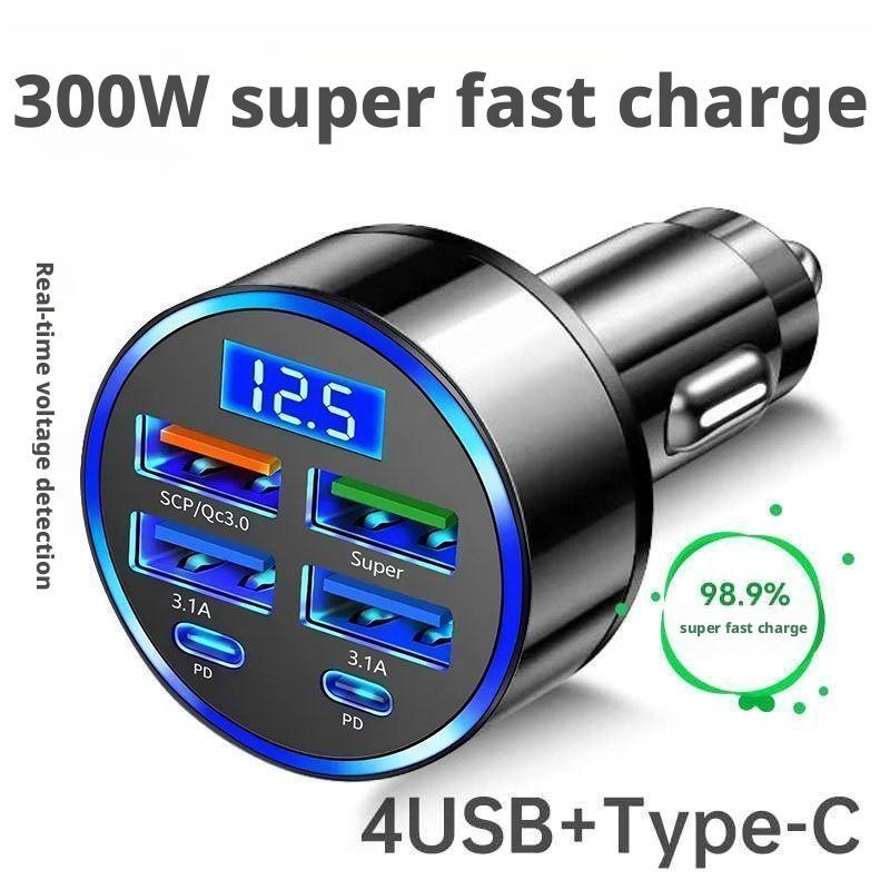 1/2Pcs 300W PD Car Charger QC3.1 Fast Charge 4USB+2PD ports Car Cigarette Lighter Plug Charger Flash Charge with Digital Display