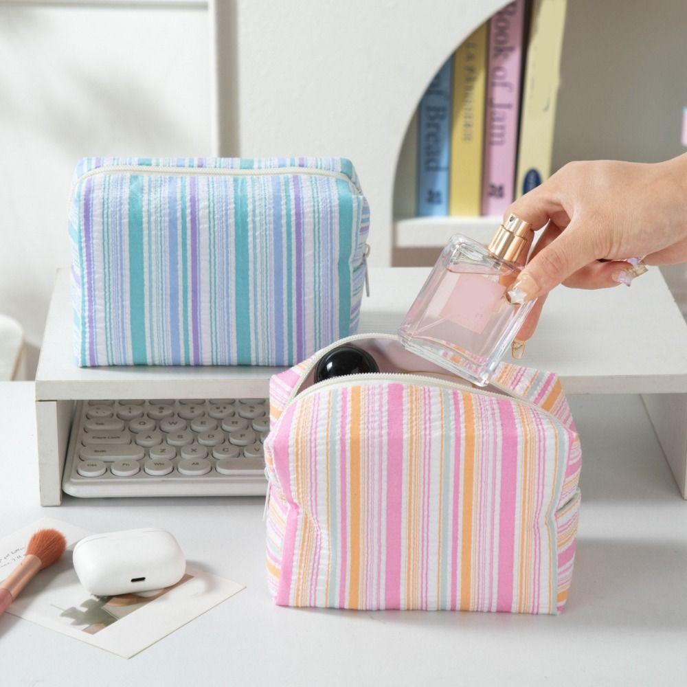 Striped Design Cosmetic Bag Lightweight Travel Skincare Bag Striped Makeup Pouch  Girls