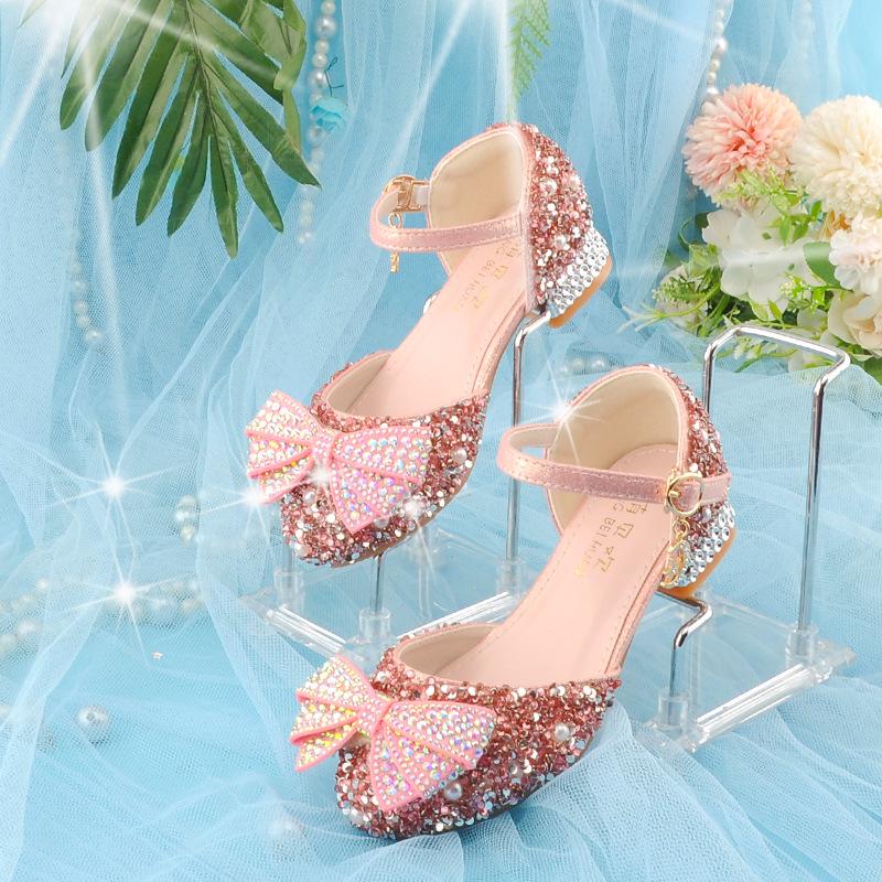 Silver Crystal Low-Heel White Leather Princess Shoes for Girls