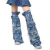 Women Harajuku Over the Knee Denims Tie Dye Leg Warmers Punk Buckled Strap Leg Covers Socks Baggy Leg Sleeves Streetwear