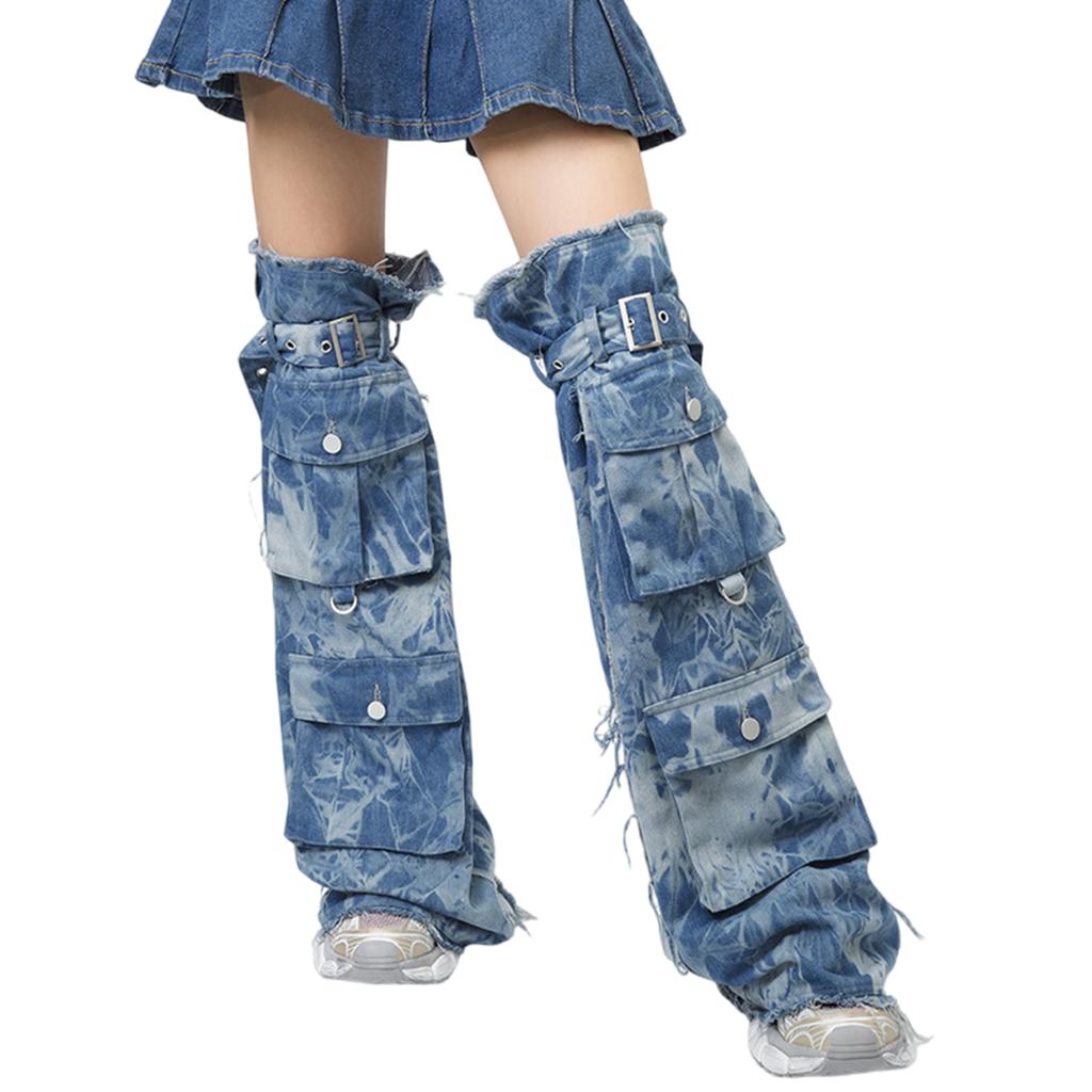 Women Harajuku Over the Knee Denims Tie Dye Leg Warmers Punk Buckled Strap Leg Covers Socks Baggy Leg Sleeves Streetwear