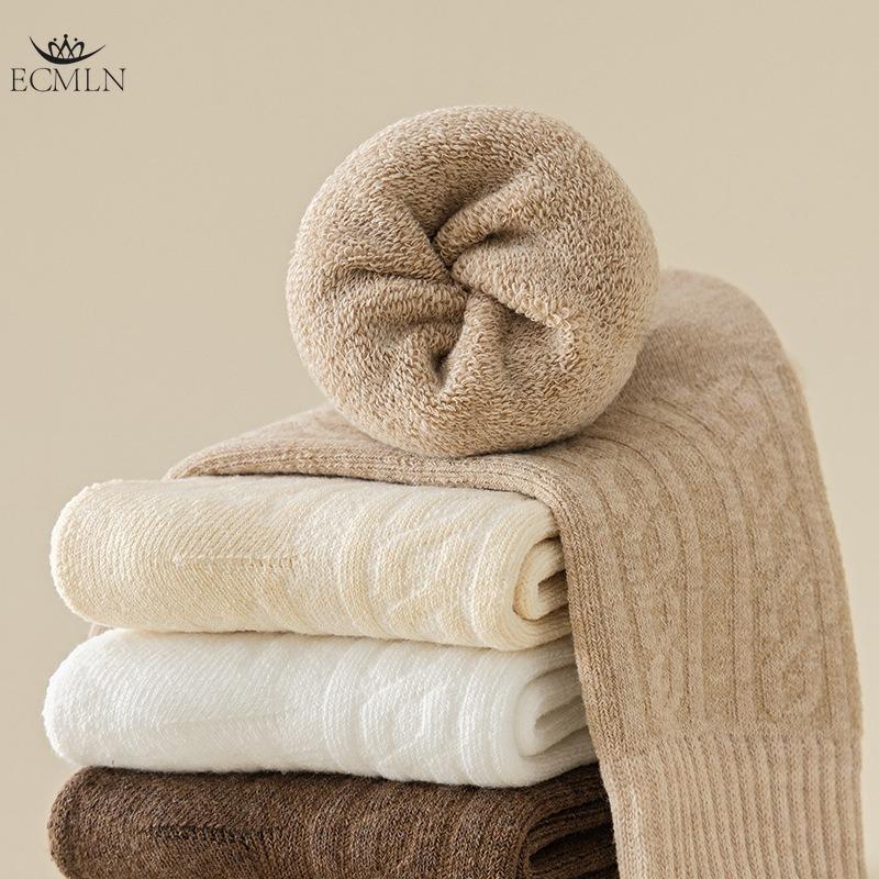 Women's Mid-tube Socks Autumn and Winter Thick Warm Terry Socks Retro Hemp Pattern Solid Color Women's Socks