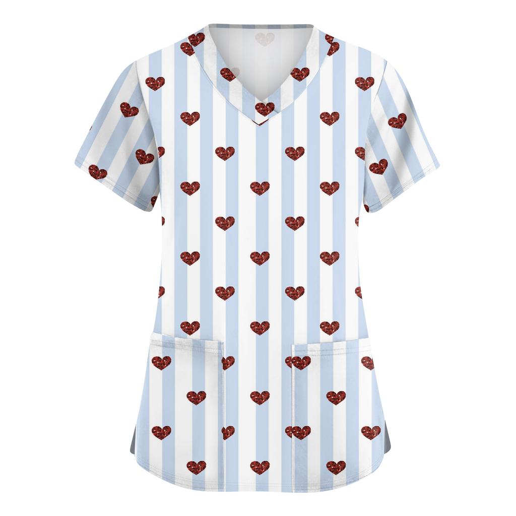 Women's Cute Bow Printed Work Clothes V-neck Double Layer Pockets Basic Short Sleeve Top Pullover