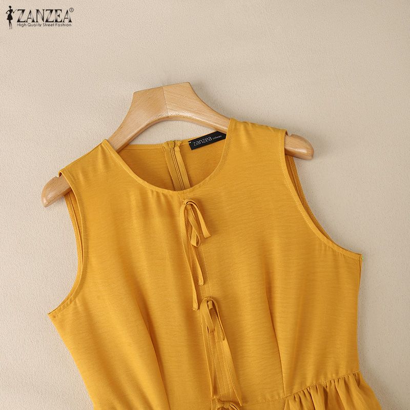 ZANZEA Women Sleeveless Ruffled Layers Baggy Casual Long Maxi Pleated Dress