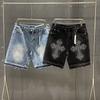 European and American Trendy Brand Purple Hot Diamond Beads Washed and Worn Denim Shorts Men's and Women's High Street Straight Five-point Pants