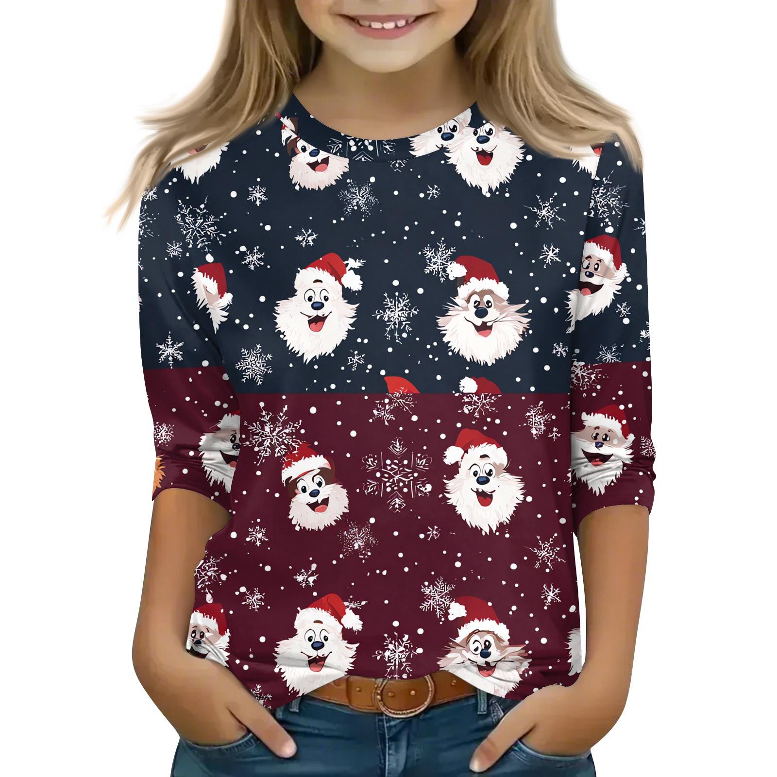 

Christmas Children s 3/4 Sleeve Tops Casual Printed Daily T Shirt Round Neck Pullover Blouse 140