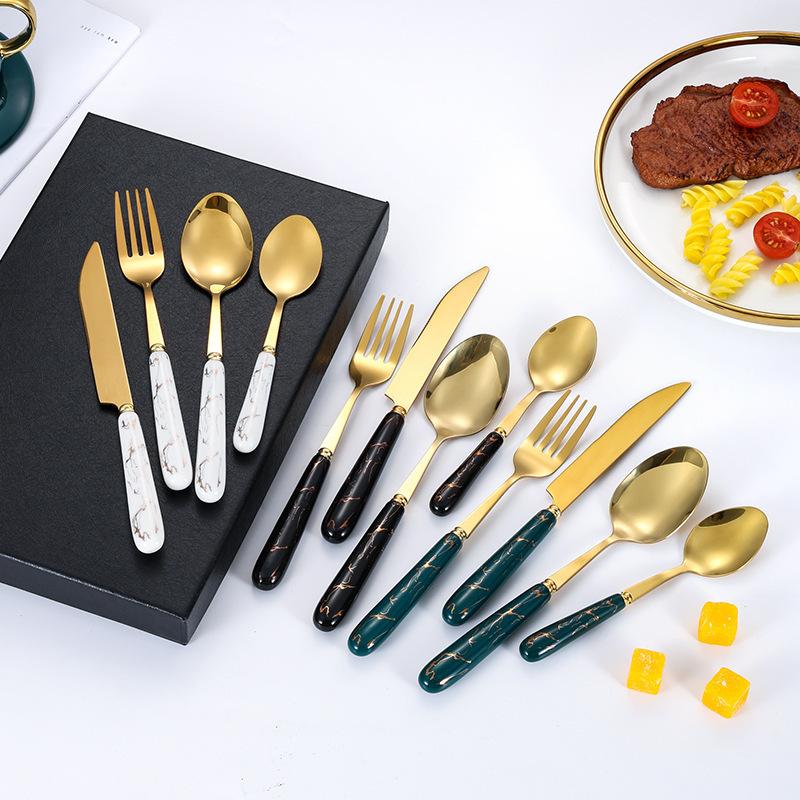 24 Pcs Stainless Steel Cutlery Dark Green Handle Knife Fork Spoon Set Cutlery Set Travel Cutlery Set Flatware Set