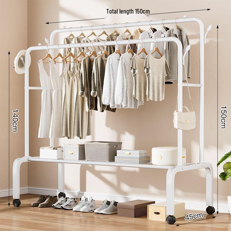 Indoor Double-Rod Floor-Standing Clothes Rack for Balcony or Bedroom