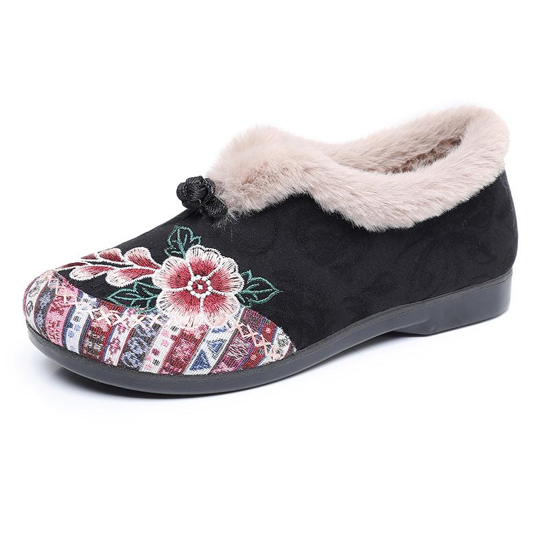 Women's Plush Cotton Flat Shoes - Ethnic Embroidered Style for Middle-aged and Elderly