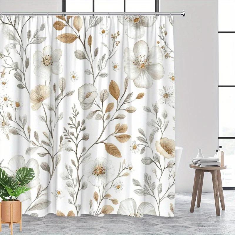 1 botanical floral shower curtain with white and beige peonies, daisies and brown leaves on a white background with hook