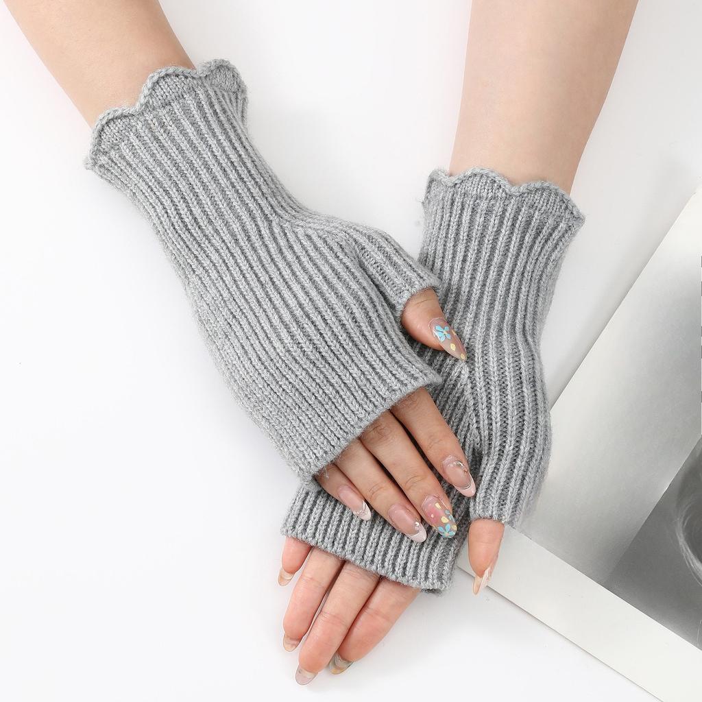 Short Knitted Gloves with Black Fungus Edges Half Length Fingerless Sleeves for Female Students To Keep Warm While Writing In Autumn and Winter
