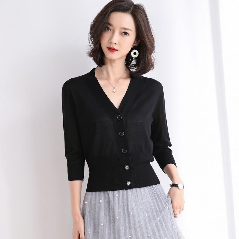 Summer V-neck Ice Silk Knitted Cardigan Shirt Women's Thin Outer Short Coat Long Sleeve Casual Simple Jackets Ladies Solid Color Clothes 3091