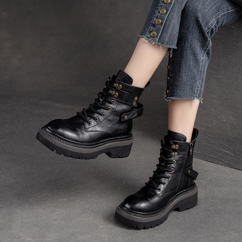 Mode 6CM Damen Leder Stiefeletten 6cm Frühling Kuh Echt Rund Zehen Herbst Plateau Keil Mokassins Ethno Bequeme Ballerinas Schuhe