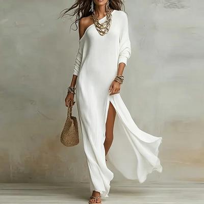 Spring Women's Clothing, European and American Dresses, Elegant Loose Solid Color Slanted Shoulder Split Skirt