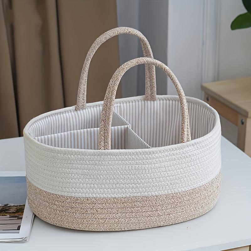 Handwoven Rope Organizer Basket with Dividers. Versatile storage for diapers, toys, laundry. Portable for any room.